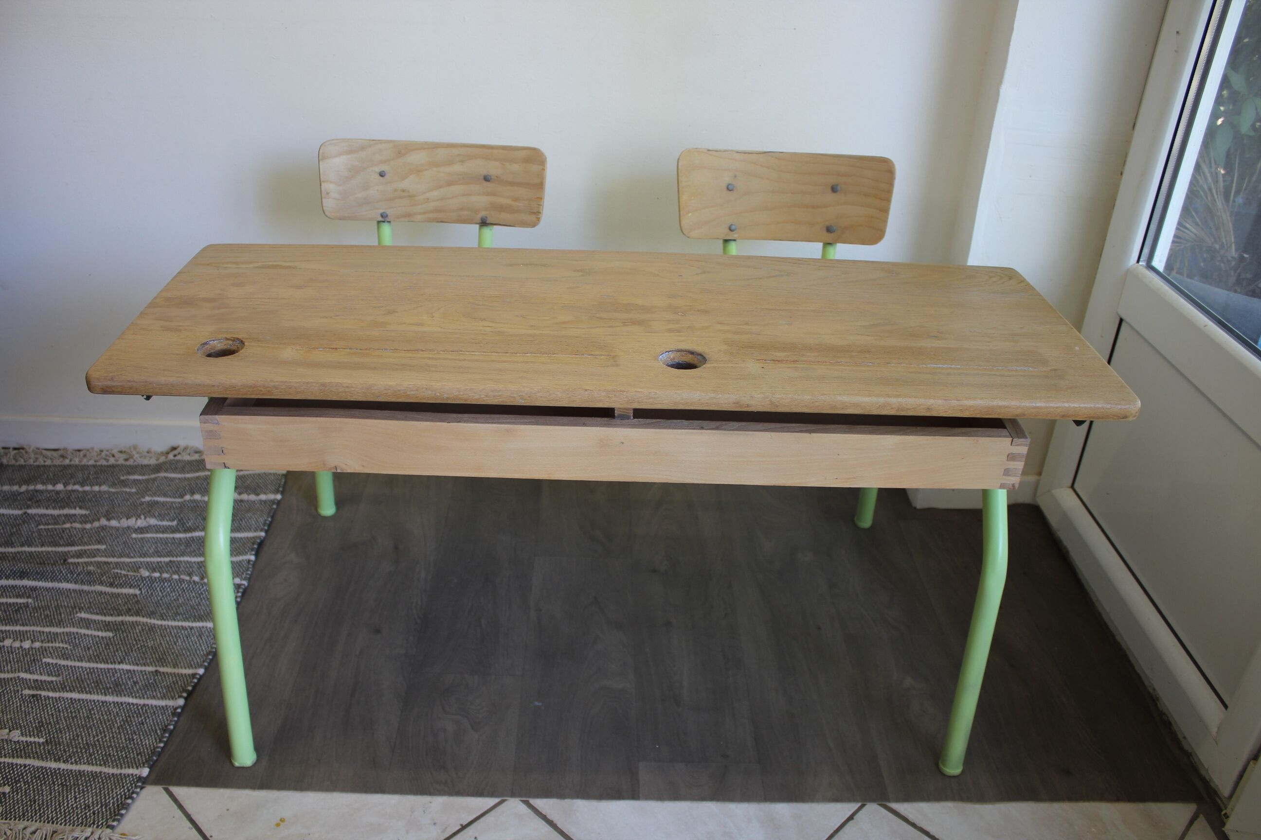 Restored two-seater school desk green and natural wood