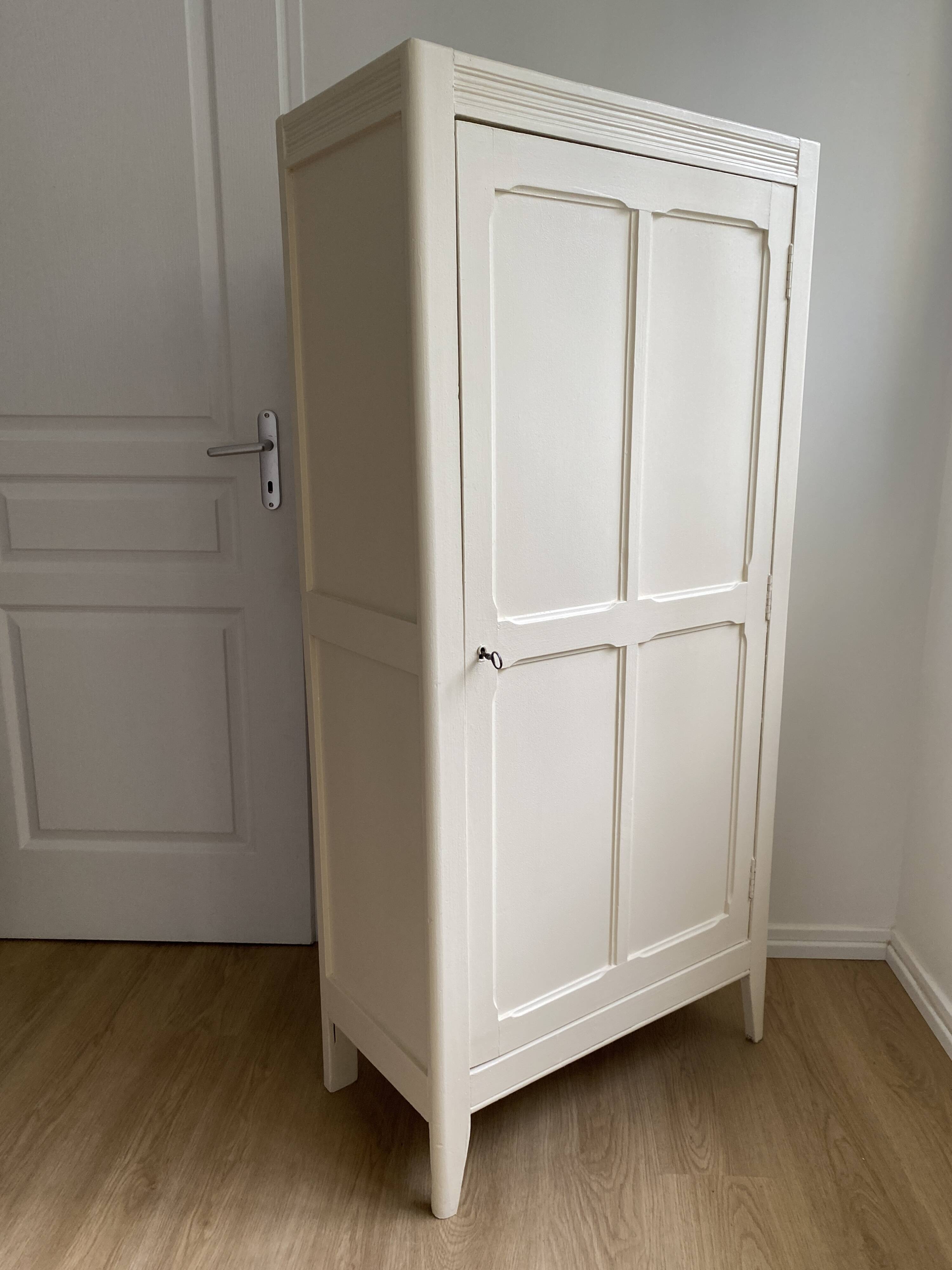 Vintage Parisian wardrobe painted in linen white, one door, three shelves