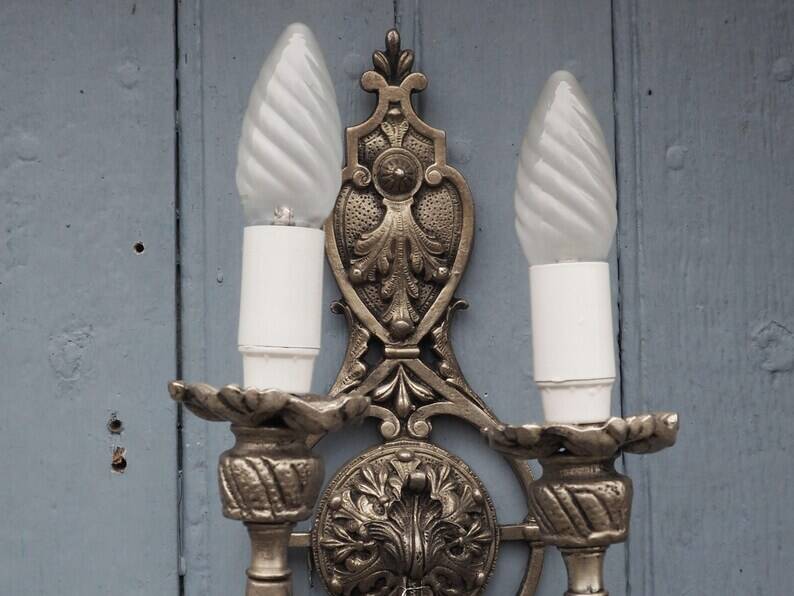 Italian Hollywood Regency Crystal Wall Lights – Silvered Metal Double Arm Light