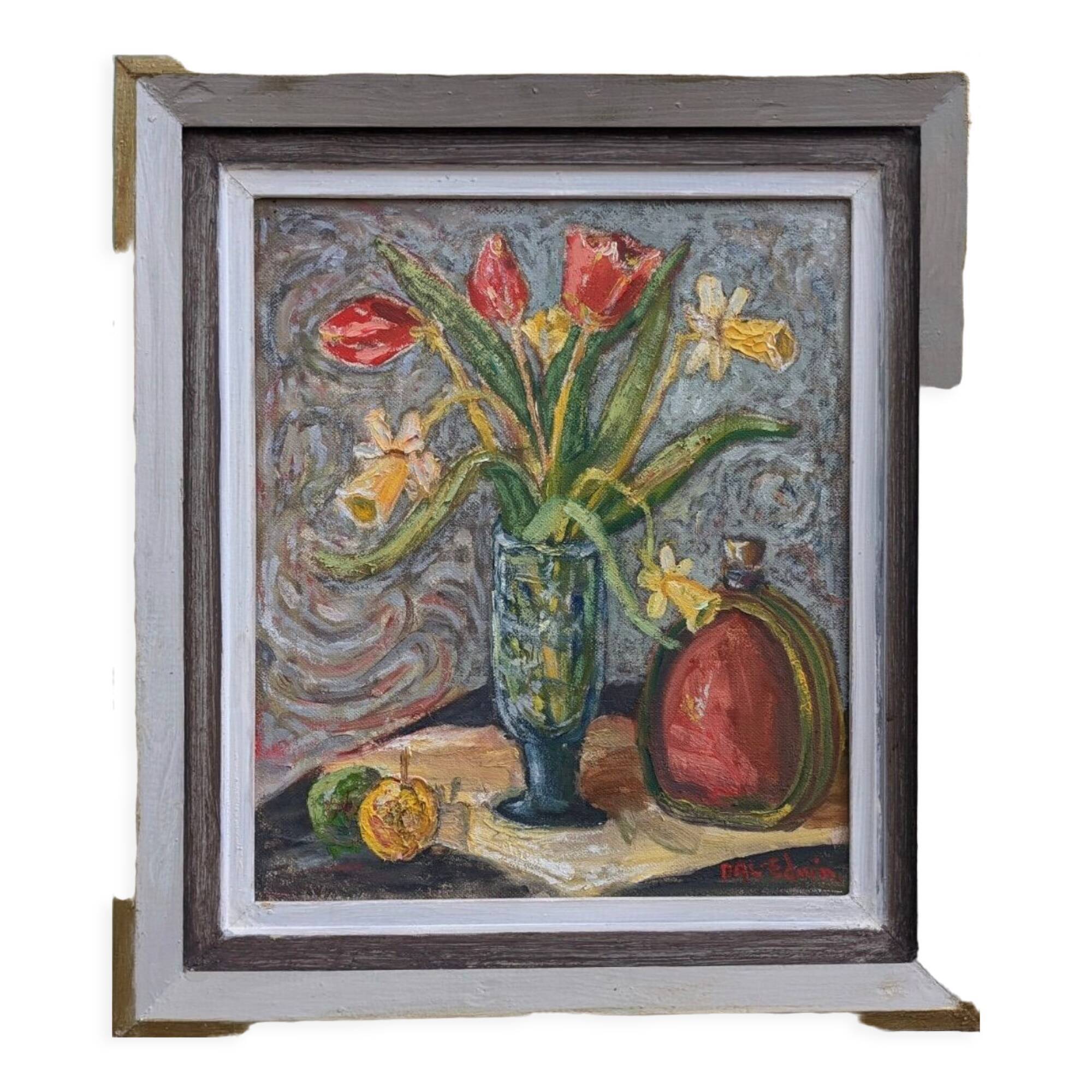 Mid-Century Modern "Still Life with Tulips" Swedish Vintage Expressionist Still Life Oil Painting, F