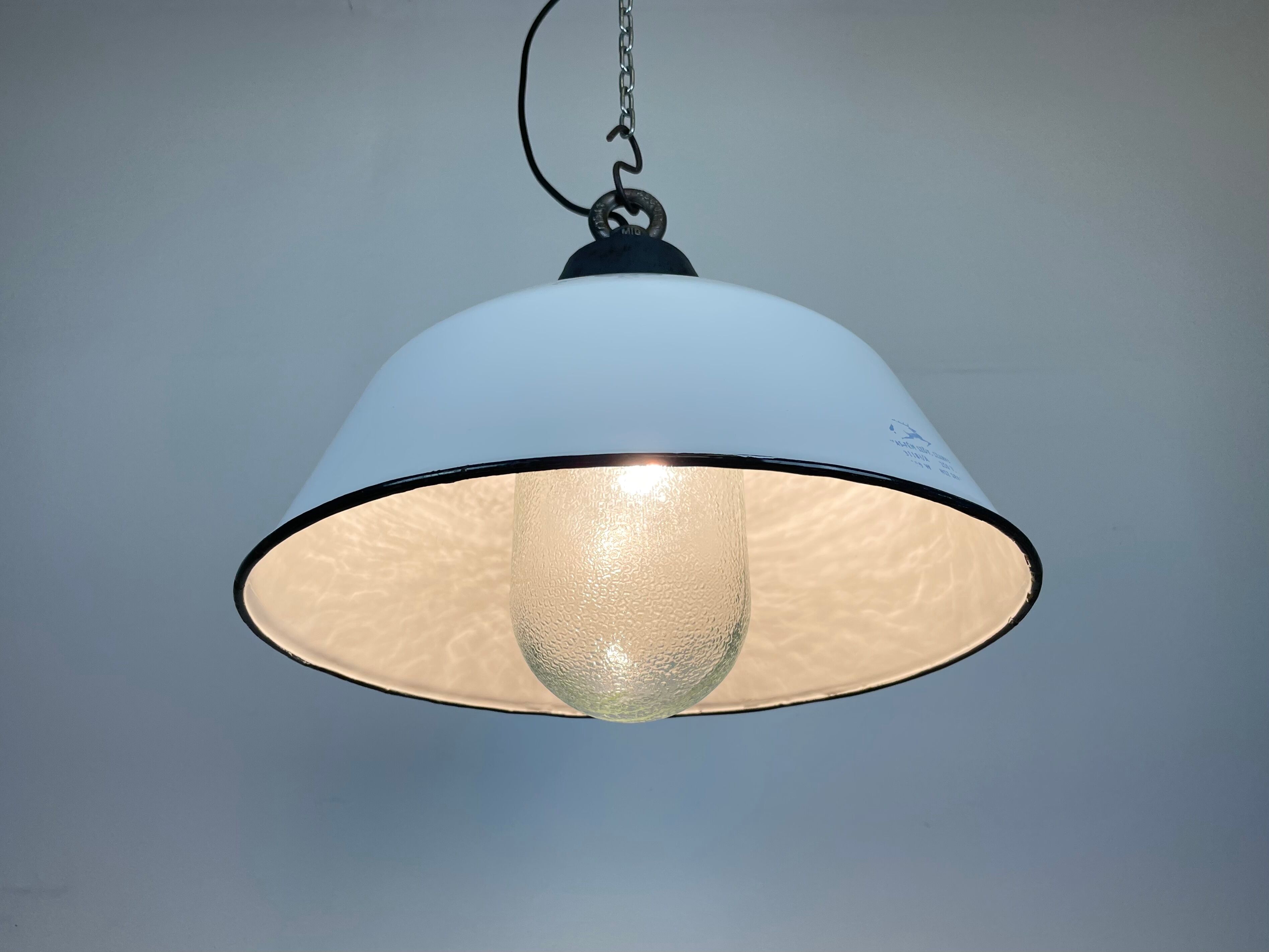 White Enamel and Cast Iron Industrial Pendant Light with Glass Cover, 1960s