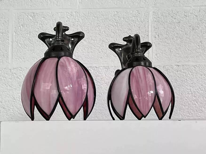 Pair of Tiffany style iron and glass leg wall lights