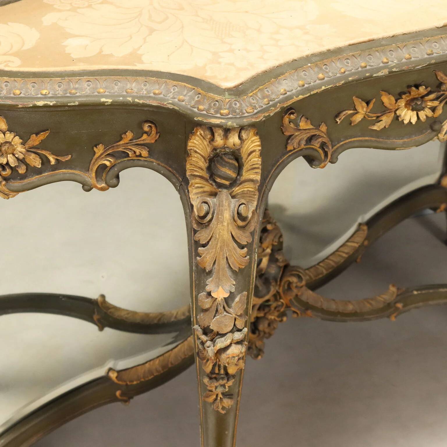Ancient baroque console with a wooden mirror, Italy, late 19th century.
