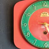 Vintage formica clock silent wall pendulum "FFR Morbier red green"