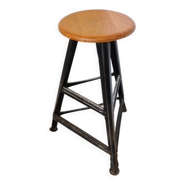 Tabouret de bar industriel vintage en bois et métal