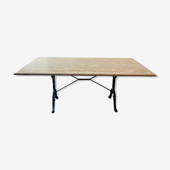 Table travertin bords arrondis 180x100, pied fer forgé 70cm