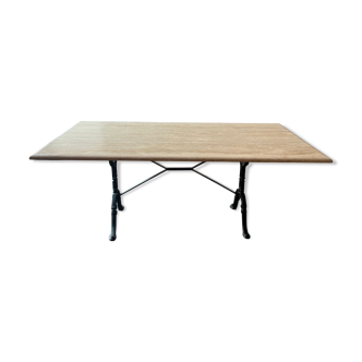 Table travertin bords arrondis 180x100, pied fer forgé 70cm