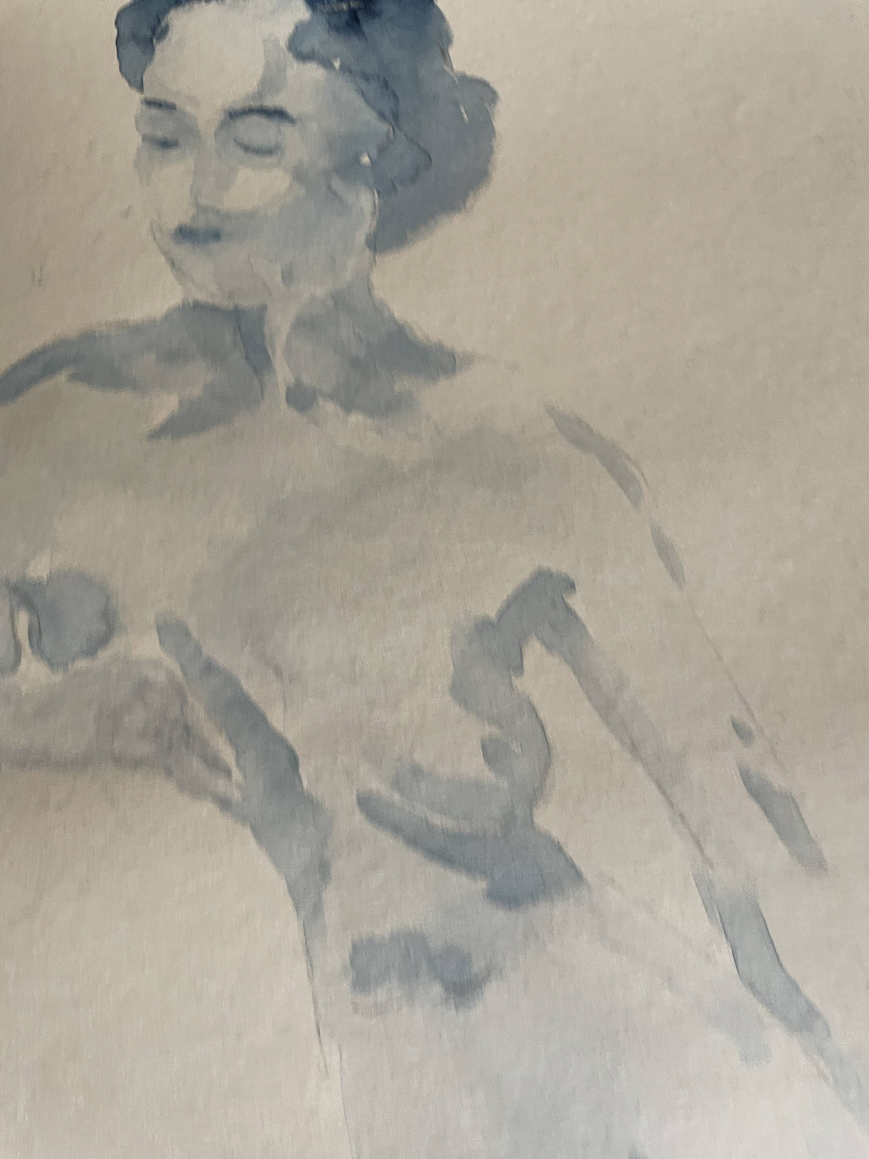 Painting signed monochrome blue black watercolor “seated woman”