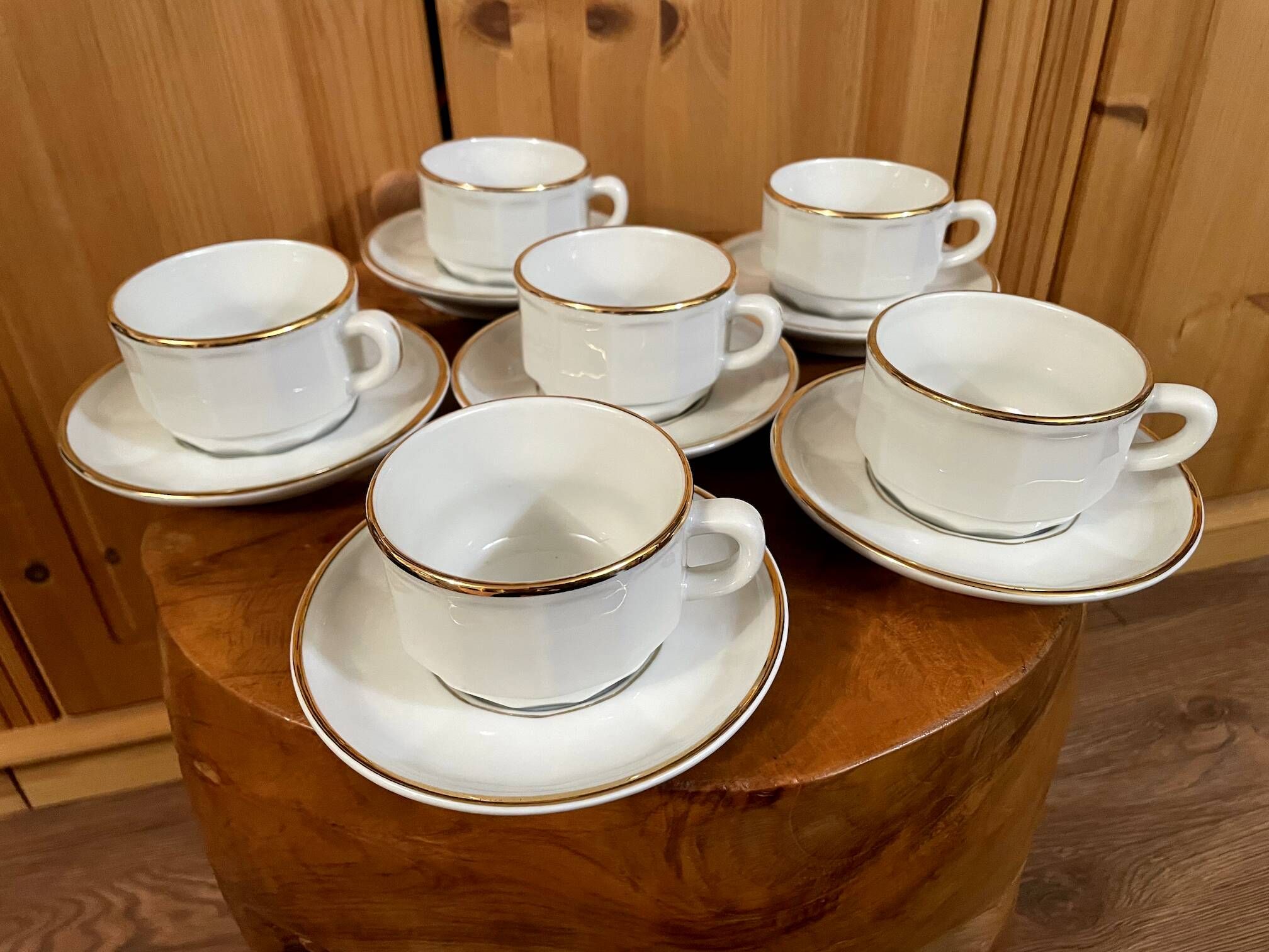 Set of 2 Apilco Flat French Porcelain Coffee Cups with Saucers, Model Flora