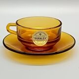 4 Duralex glass cups and saucers, amber color, France vintage