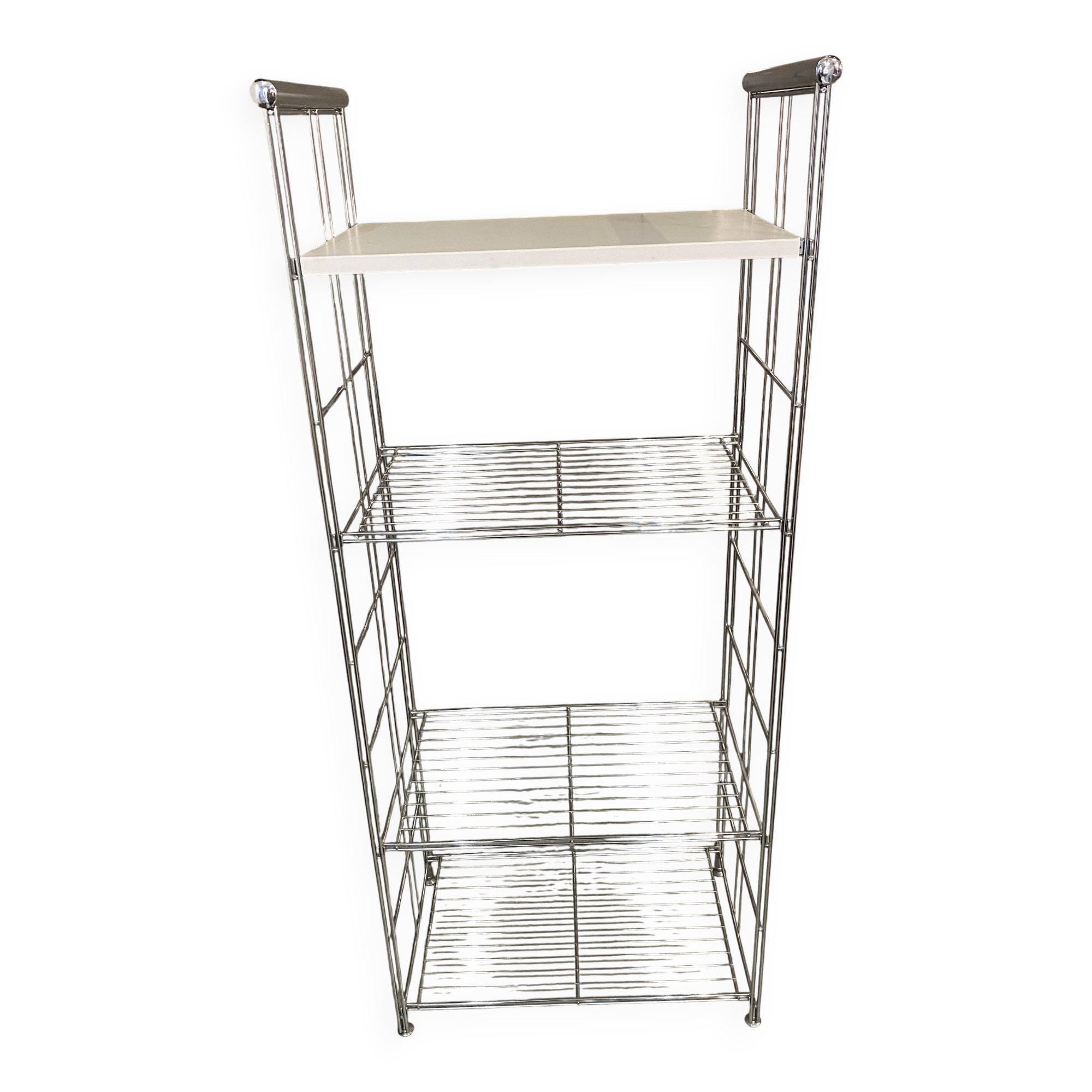 Modular wall bookshelf desk in vintage chrome.