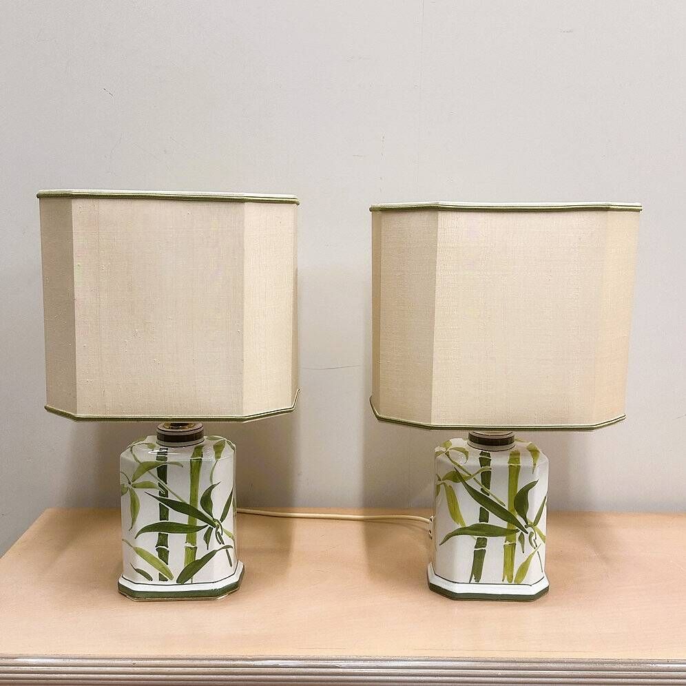 Pair of vintage bamboo ceramic table lamps with shades | Hand painted oriental style