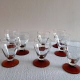 Service set of 8 antique glasses with port faceted or cooked wine Blown glass Amber foot 50s
