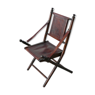 Chaise pliante bois façon bambou et cuir années 20
