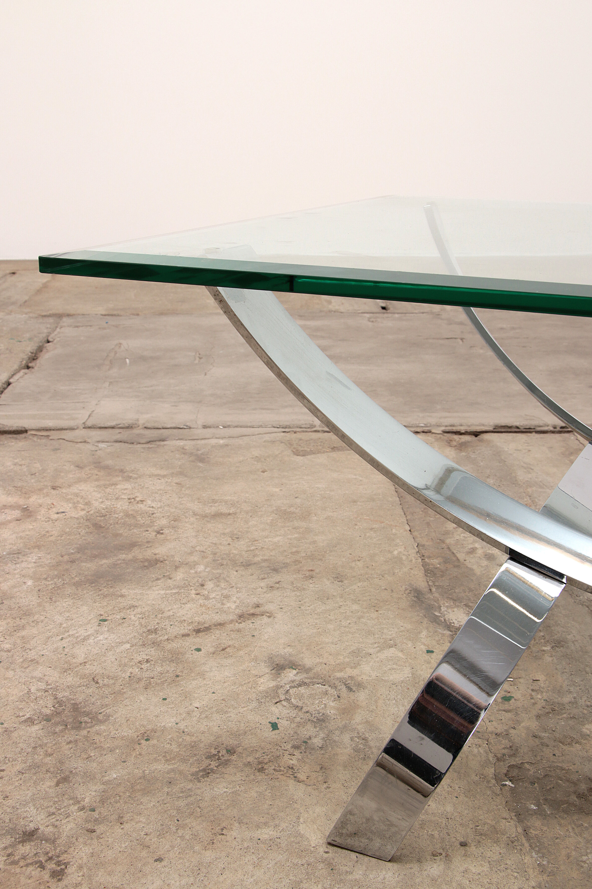 Space age chrome coffee table with thick glass top 1970
