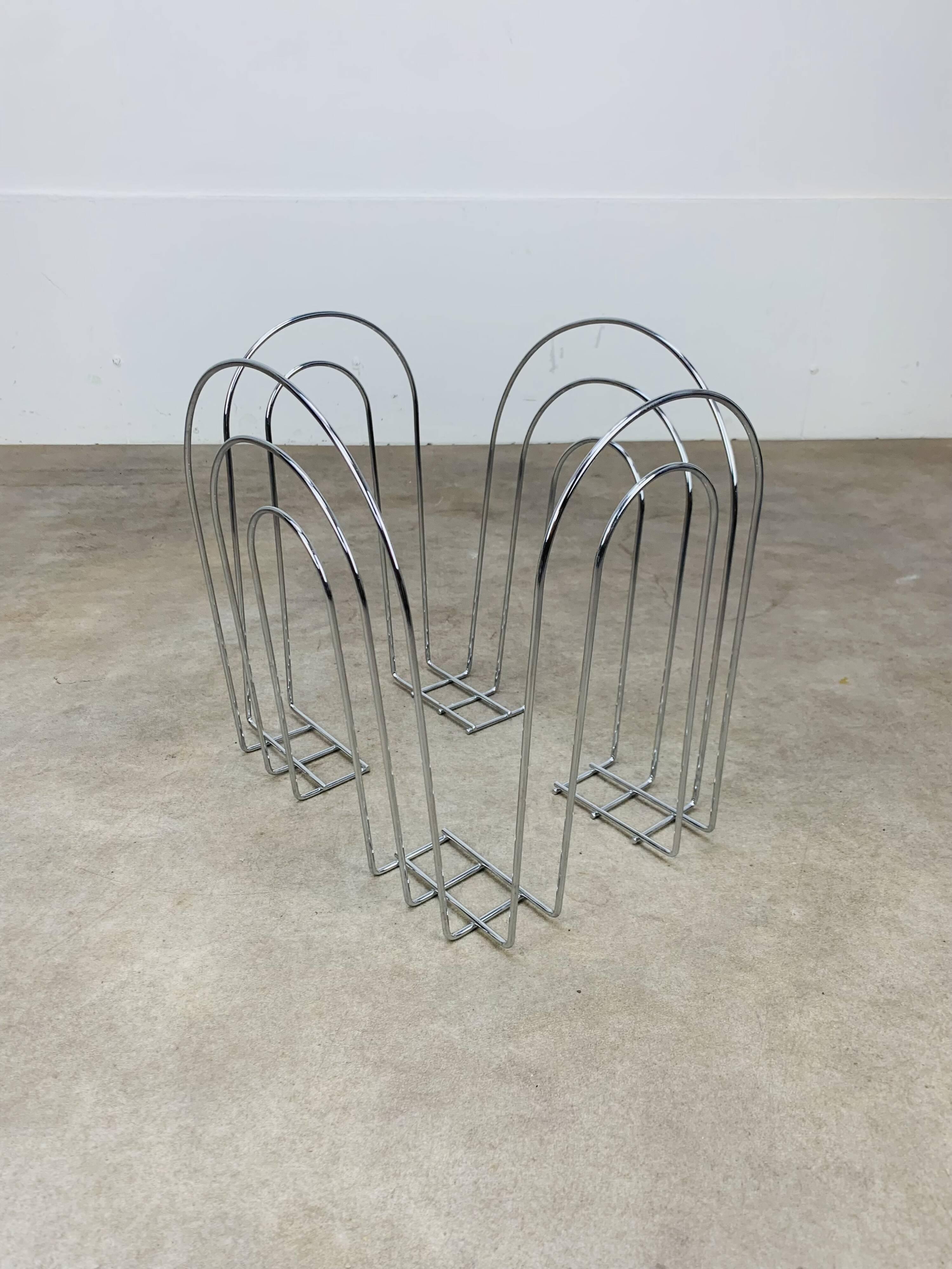 Postmodern chrome metal magazine rack from the 80s