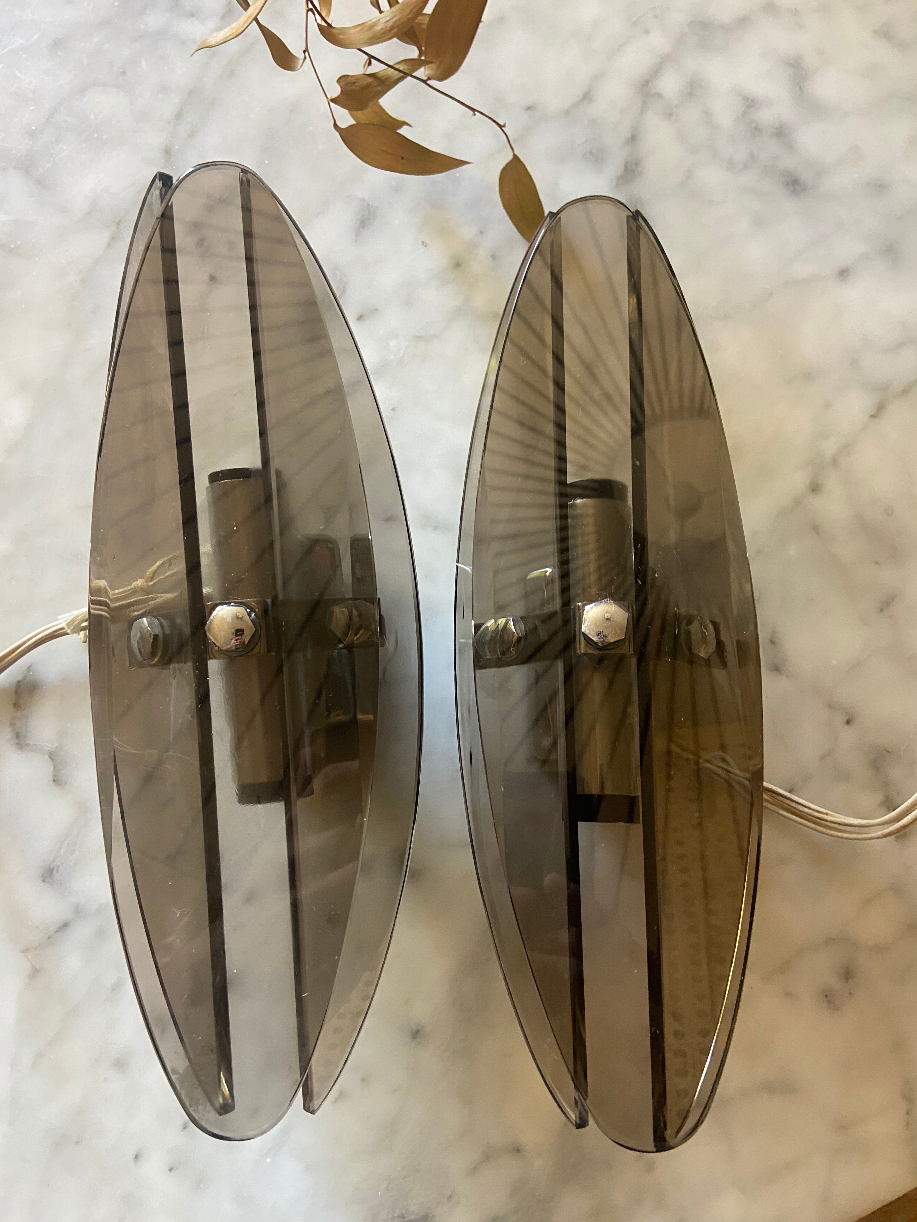 Pair of 70s smoked glass wall lamps
