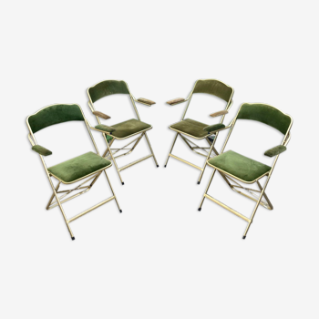 Set of 4 vintage folding armchairs in green velvet