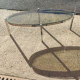 Elliptical coffee table circa 1970 in chromed metal and smoked glass
