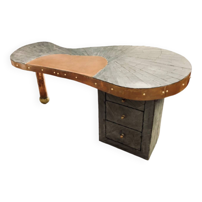 Bureau En Marqueterie D’ardoise Et Cuivre, Signé, Daté, Probablement Pièce Unique