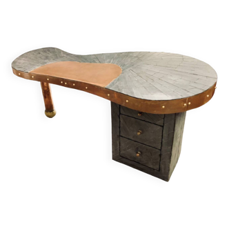 Desk In Slate And Copper Marquetry, Signed, Dated, Probably Unique Piece