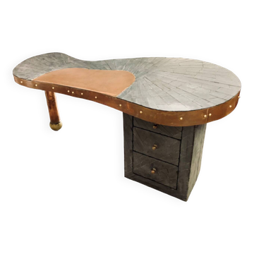 Desk In Slate And Copper Marquetry, Signed, Dated, Probably Unique Piece