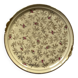 Large round pie dish cake dessert tray in porcelain flowers and gold vintage tableware