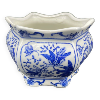 Cache-pot, vide poche, porcelaine chinoise blanche, décor asiatique bleu, fleurs, floral, Chine