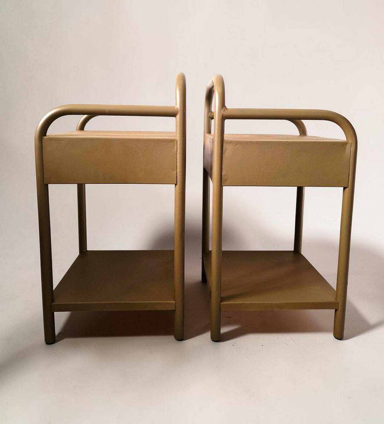 Vintage bedside tables in metal and brown beige wood.