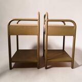 Vintage bedside tables in metal and brown beige wood.