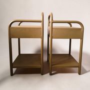 Vintage bedside tables in metal and brown beige wood.