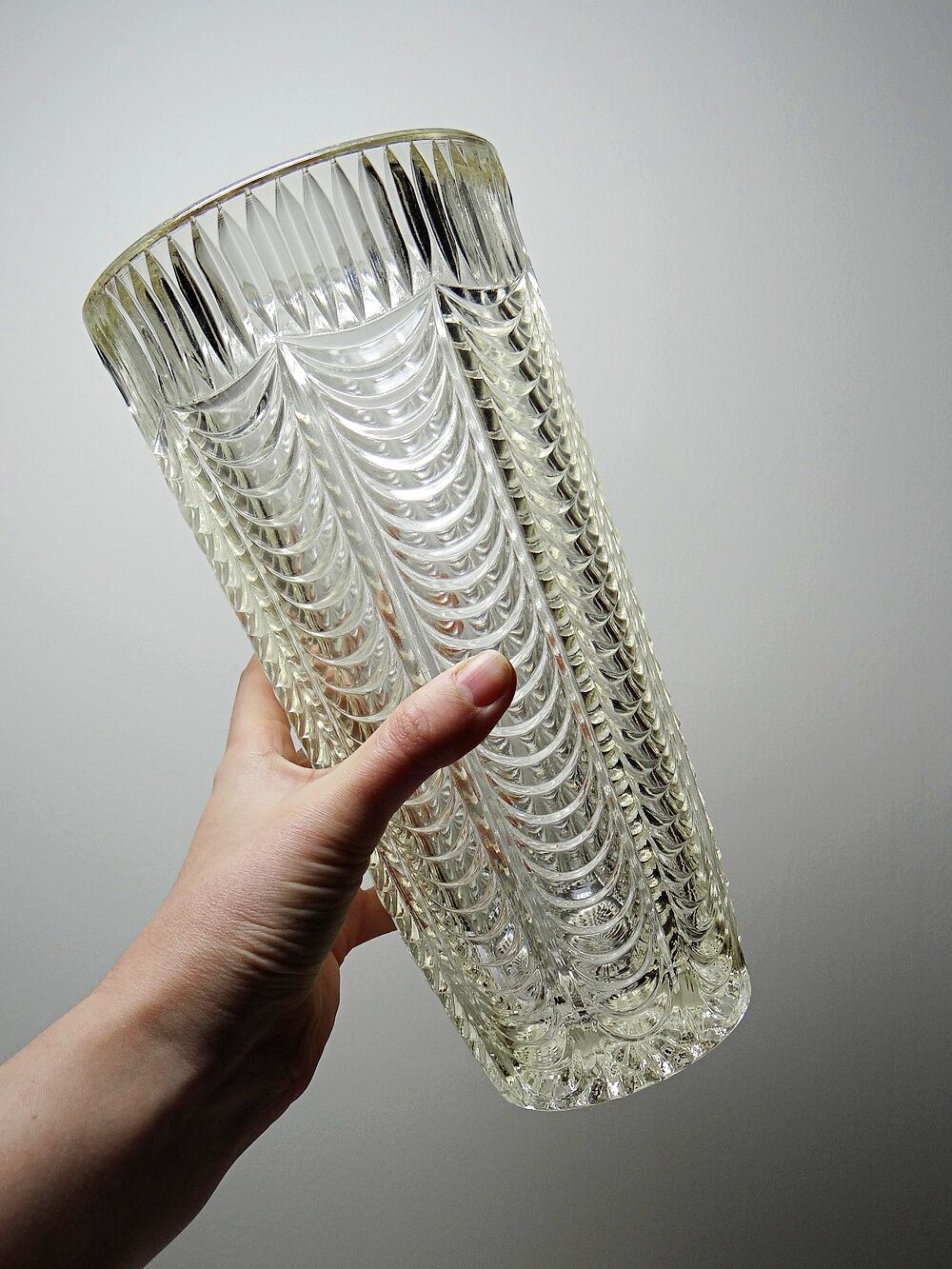 Large moulded glass vase, draped decoration, vintage 1960s.