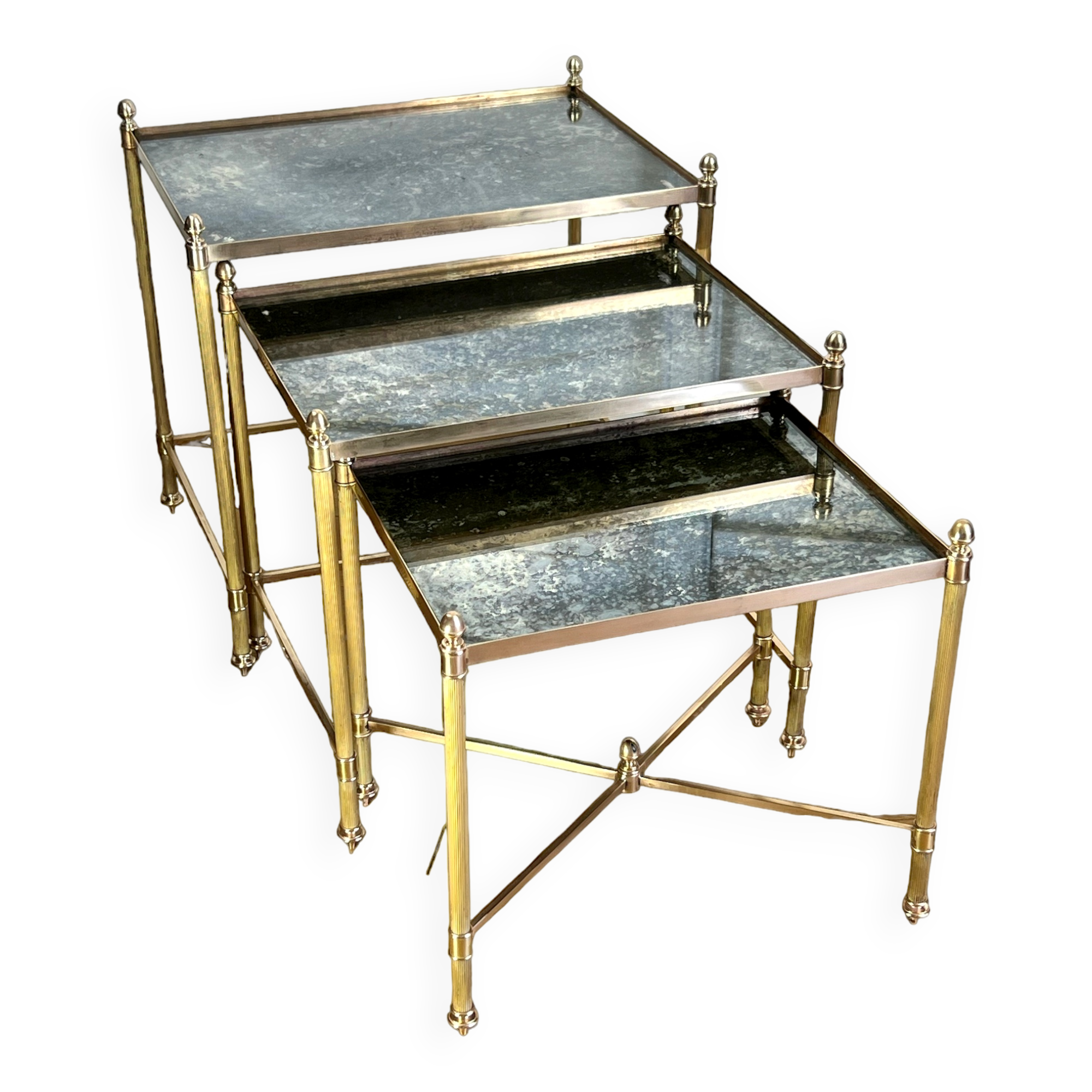 Nest of table from “maison bagués 1970” in gilt bronze and glass tops