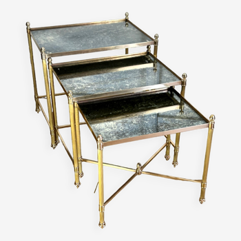 Nest of table from “maison bagués 1970” in gilt bronze and glass tops