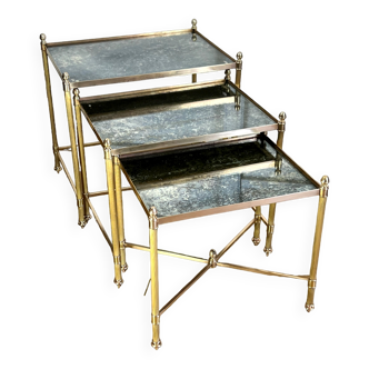 Nest of table from “maison bagués 1970” in gilt bronze and glass tops