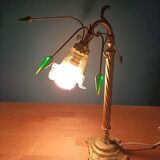 Lampe salle originale unique abat jour verre fleur support doré