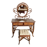 Vintage rattan dressing table with mirror and stool 1970