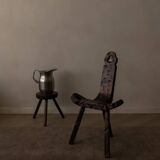 Spanish brutalist tripod chair in carved solid wood