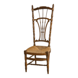 Antique chair in turned wood with straw seat – Carved lyre backrest