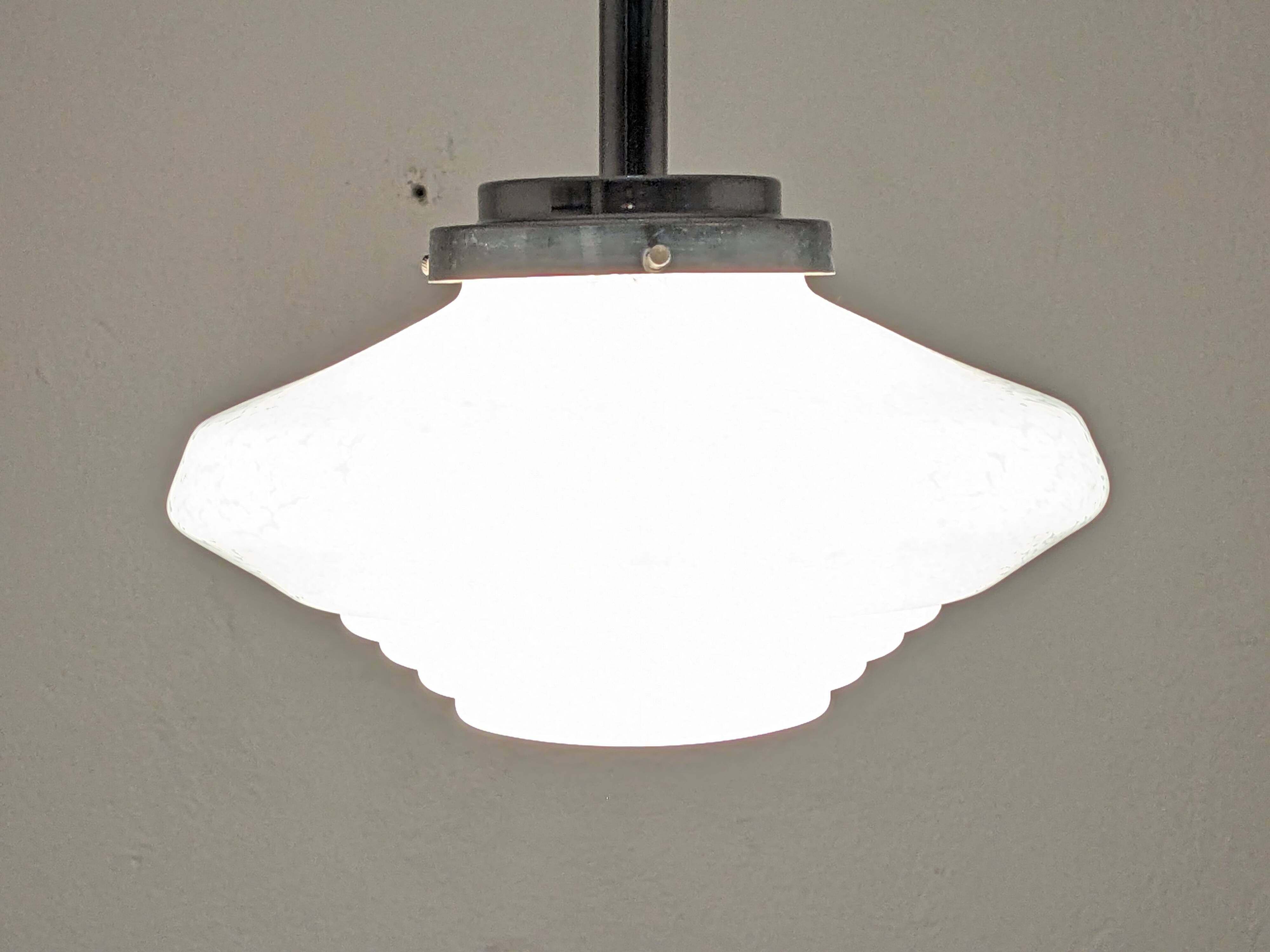 Art Deco glass suspension from Clichy, speckled white, France circa 1920.