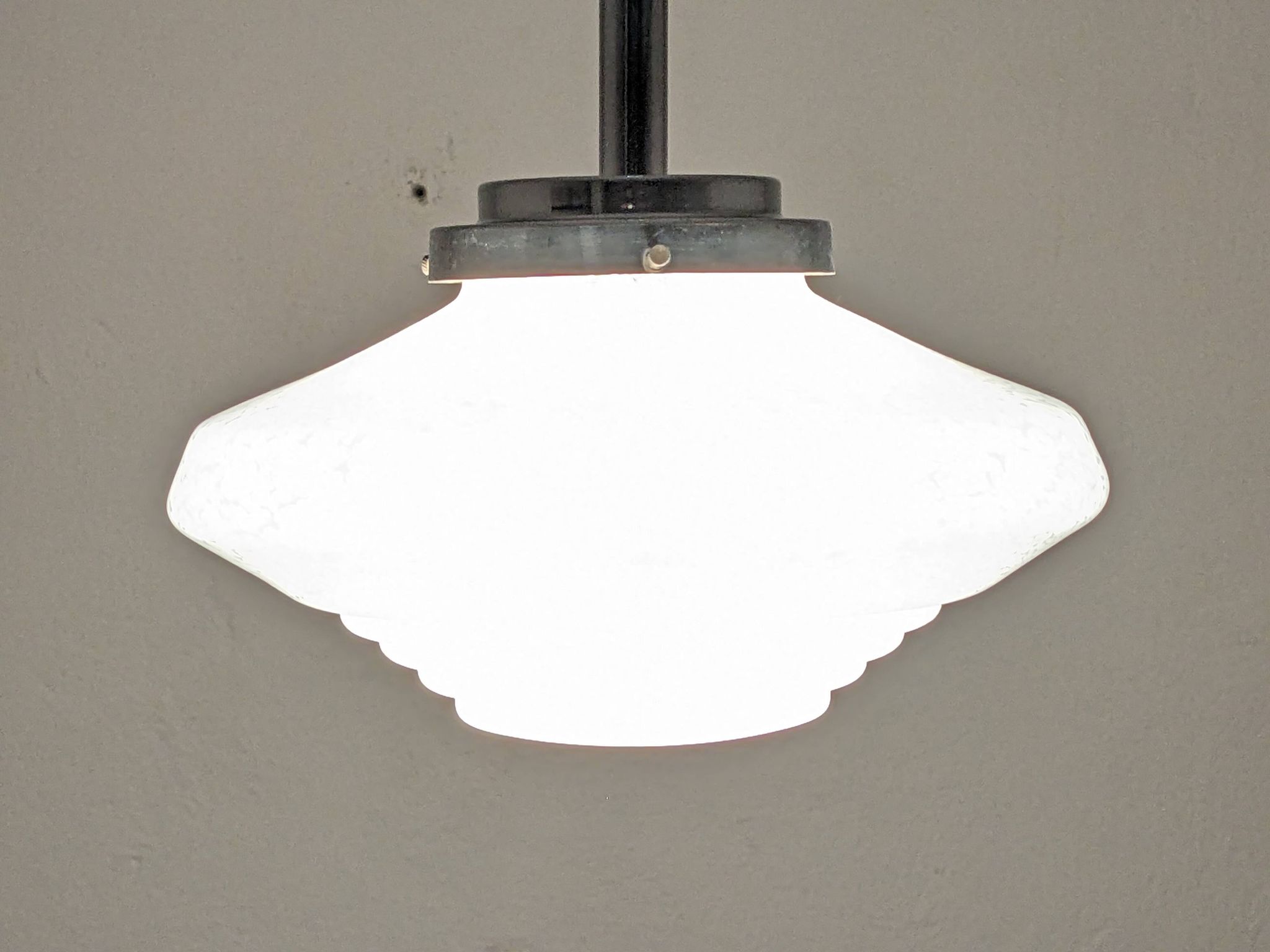 Art Deco glass suspension from Clichy, speckled white, France circa 1920.