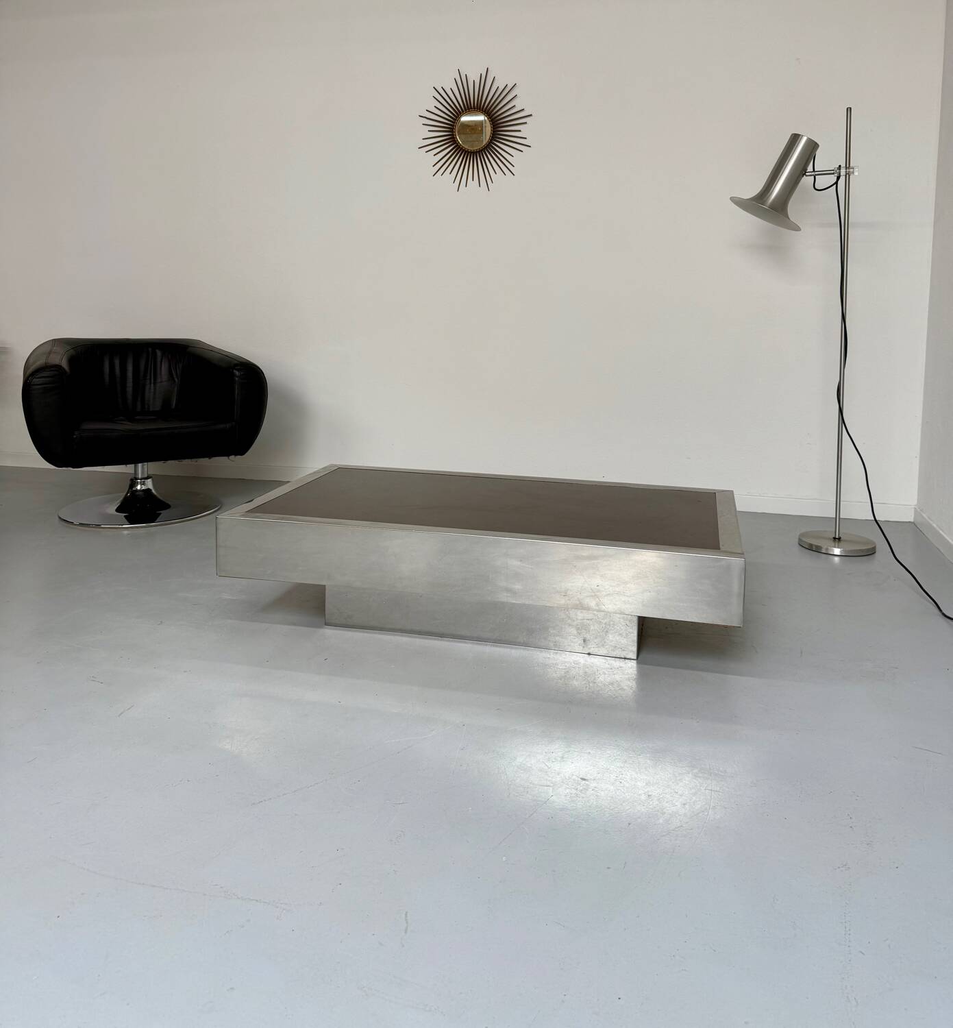 Italian coffee table in chromed metal and vintage brown glass top 70s