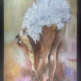 Oil on canvas, Dancer in tutu lacing slipper, signed Esseau