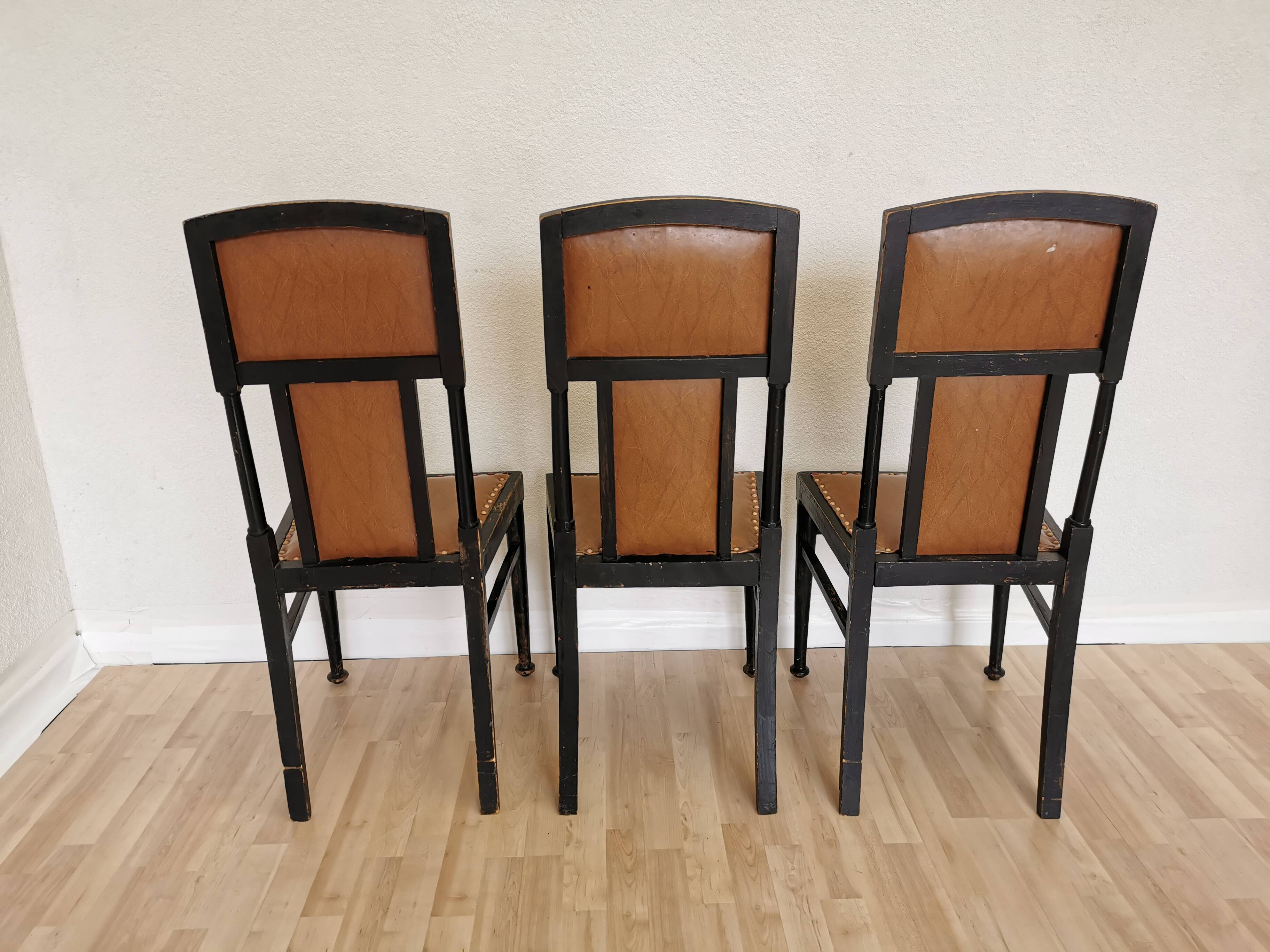 Set of 3 Vintage Dining Chairs: High Back, Leather Seat, Nailhead Trim
