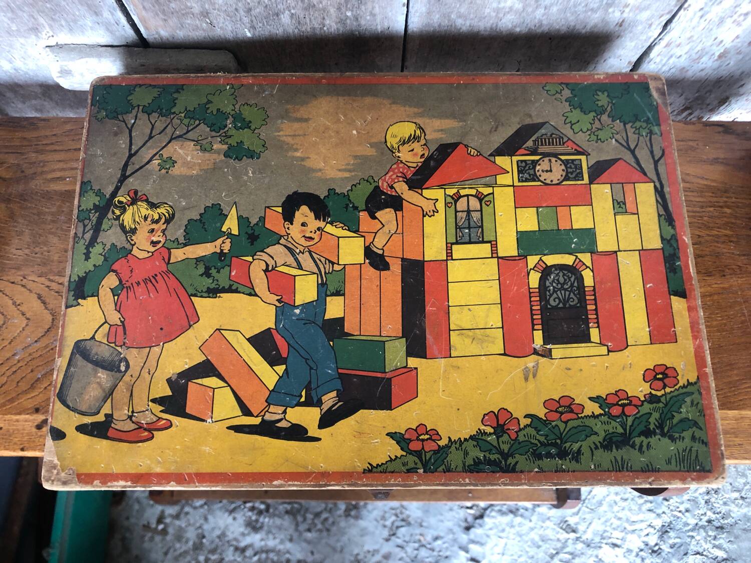 Old Building Set Box Wooden Toys Vintage