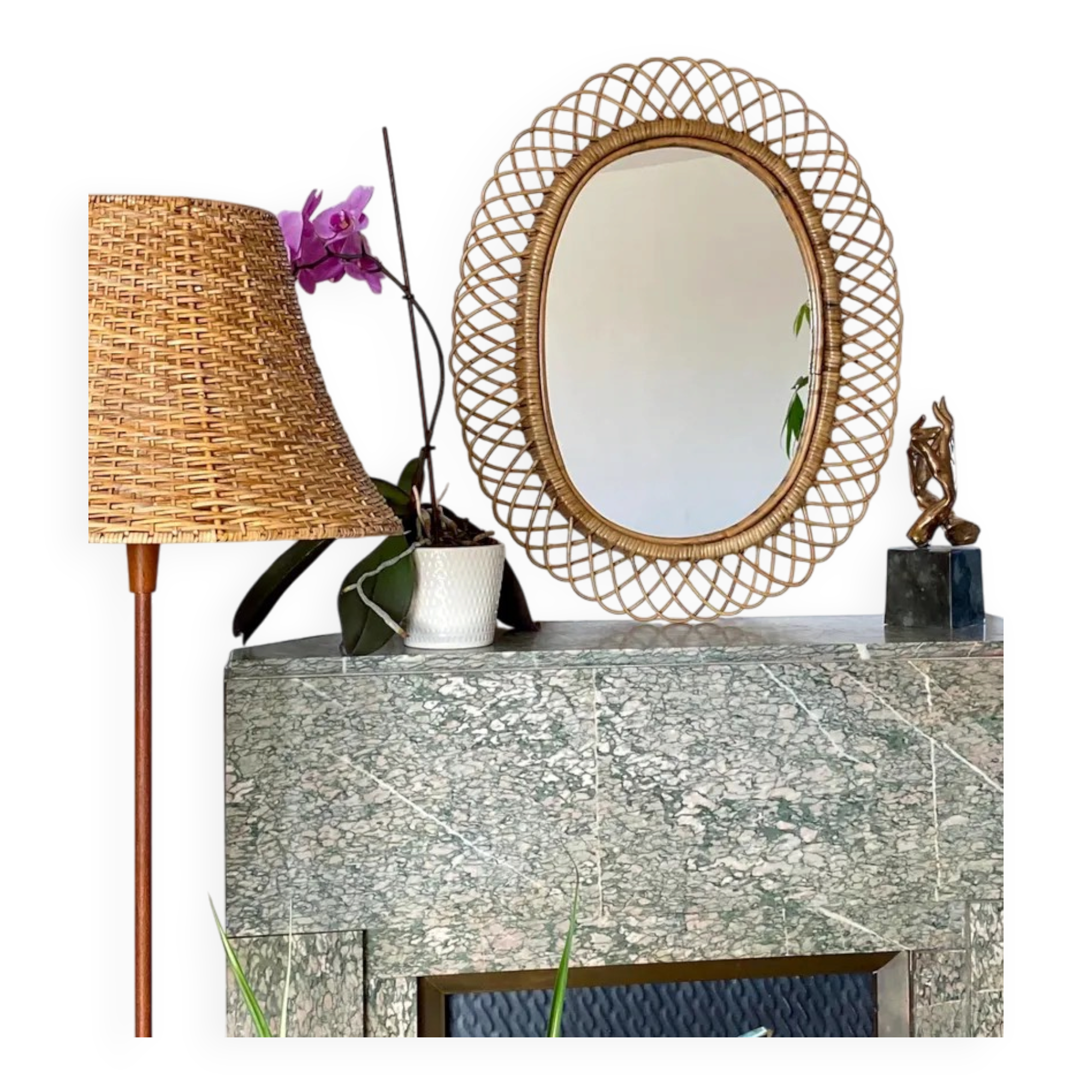 Large mirror by Franco Albini in rattan and bamboo, Italy 1960s.