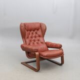 Sculptural Ear-Back Lounge Armchair — Moulded Wood — Deep Button