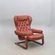 Sculptural Ear-Back Lounge Armchair — Moulded Wood — Deep Button