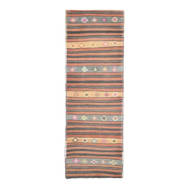 1970s  Turkish Oushak Handmade Wool Cotton Orange Runner Rug 125x376
