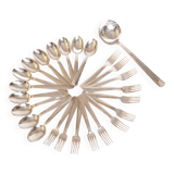 Silver plated metal service: 12 soup spoons, 12 forks and ladle.